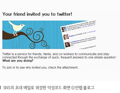 SNS의 초대 메일로 위장한 악성코드 화면
